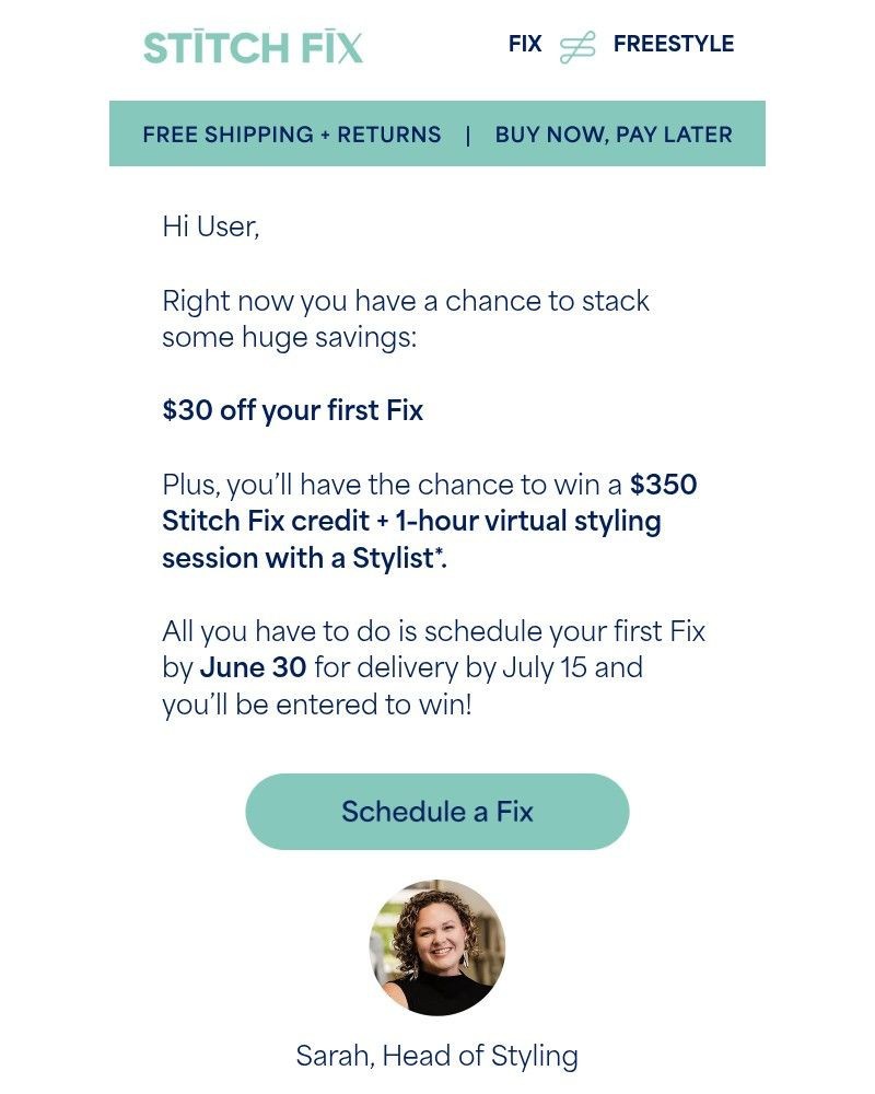 Screenshot of email sent to a Stitch Fix Cart abandoner