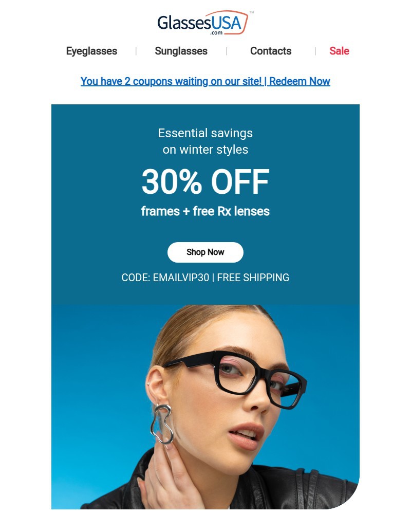 Screenshot of email sent to a Glasses USA Newsletter subscriber