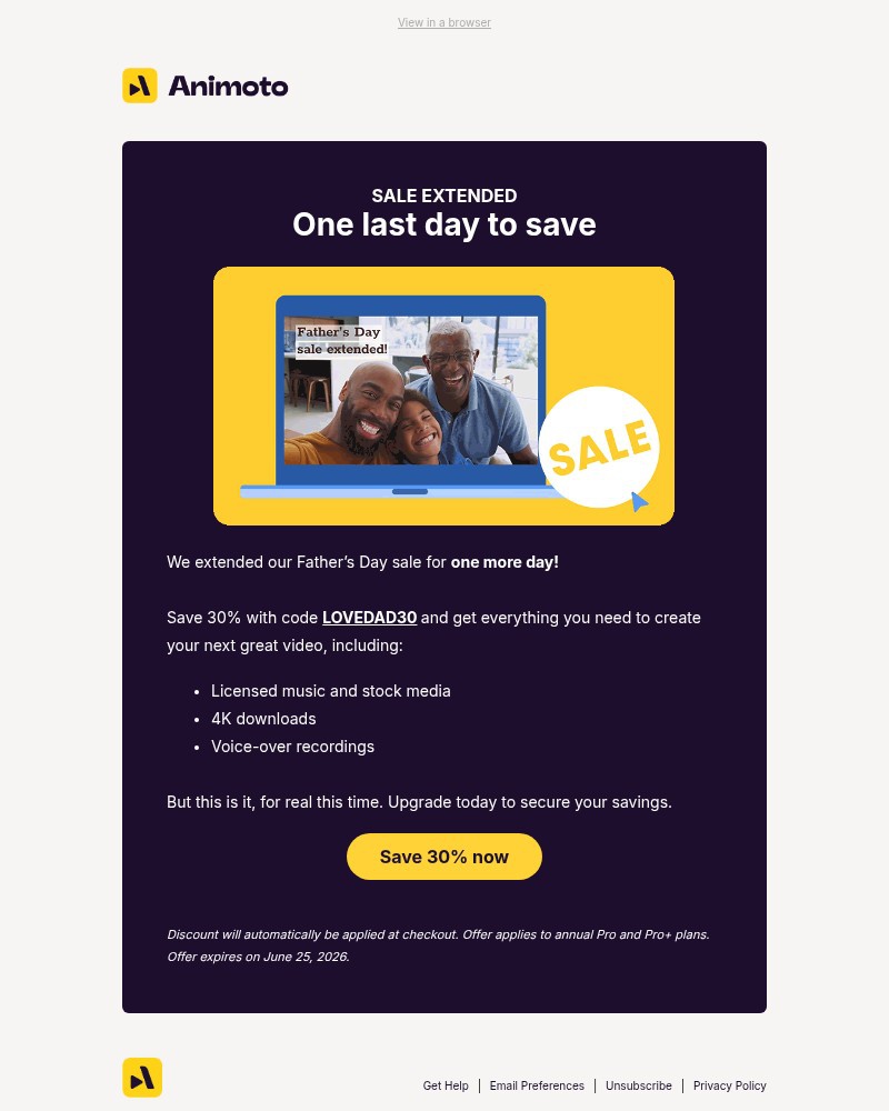 Screenshot of email sent to a Animoto Registered user