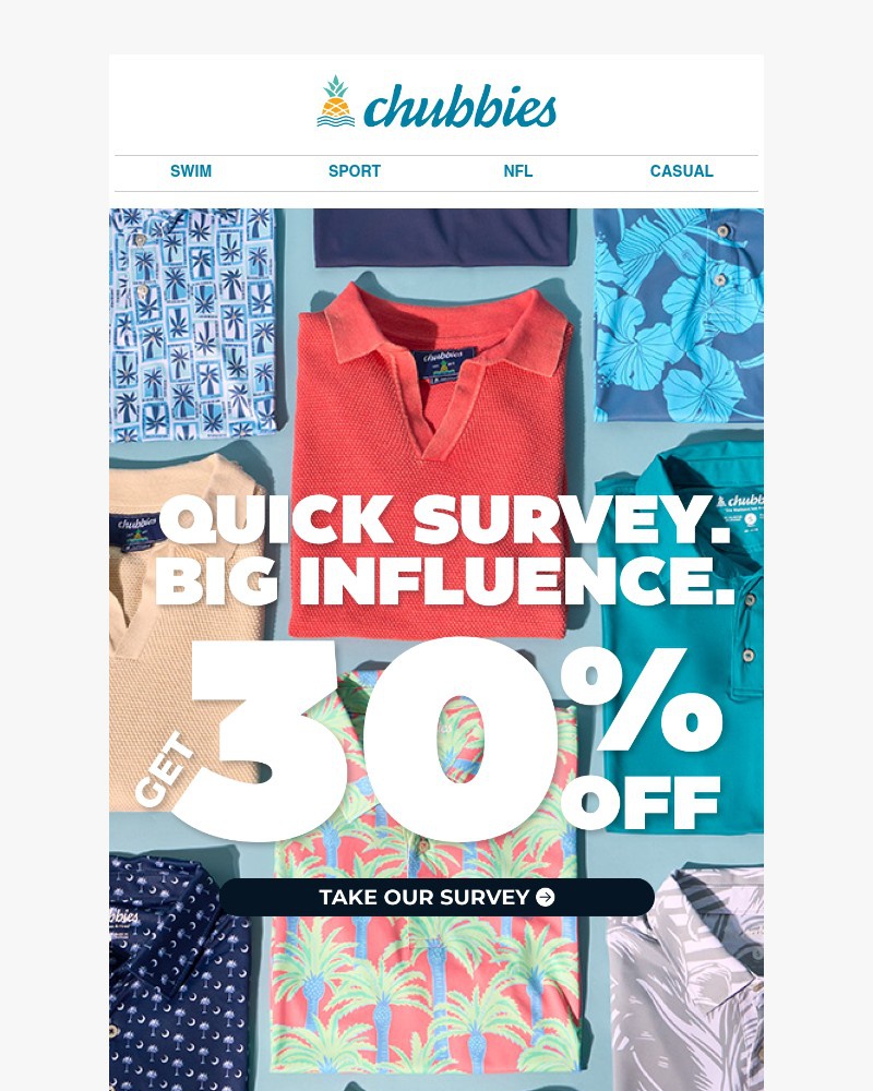 Screenshot of email sent to a Chubbies Newsletter subscriber
