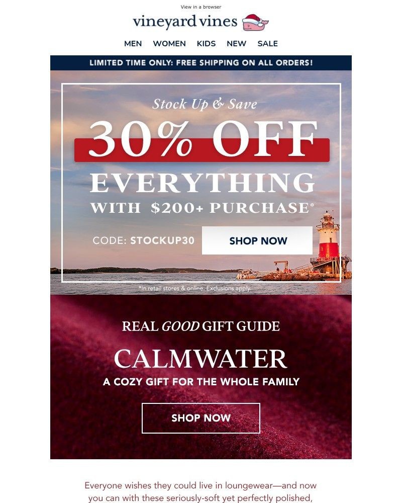 Screenshot of email sent to a Vineyard Vines Newsletter subscriber