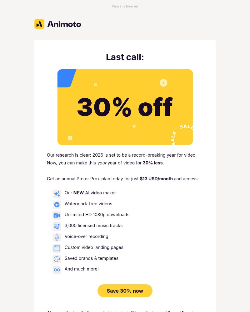 Screenshot of email sent to a Animoto Registered user