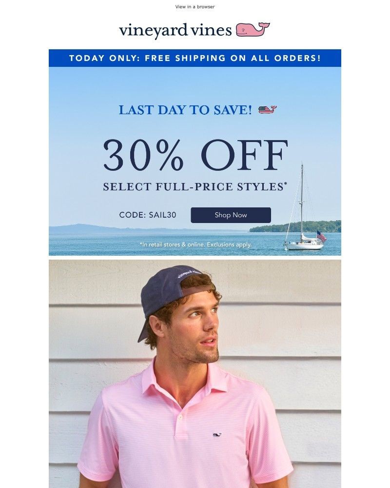 Screenshot of email sent to a Vineyard Vines Newsletter subscriber