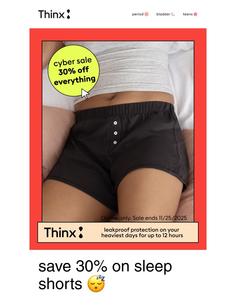 Screenshot of email sent to a Thinx Newsletter subscriber