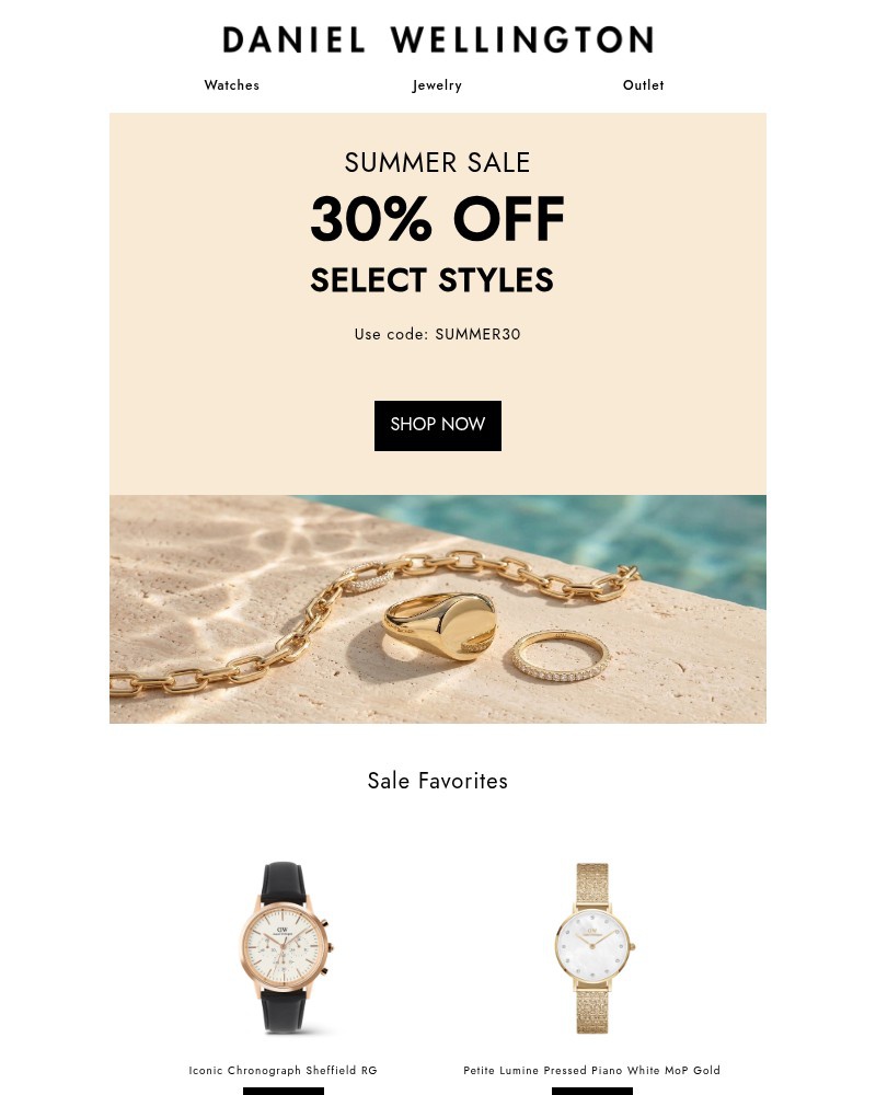 Screenshot of email sent to a Daniel Wellington Newsletter subscriber