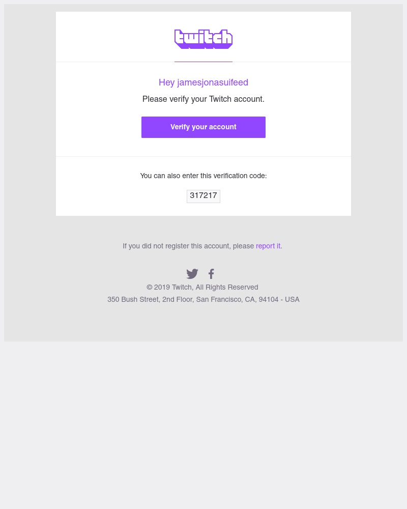 Screenshot of email sent to a Twitch Registered user