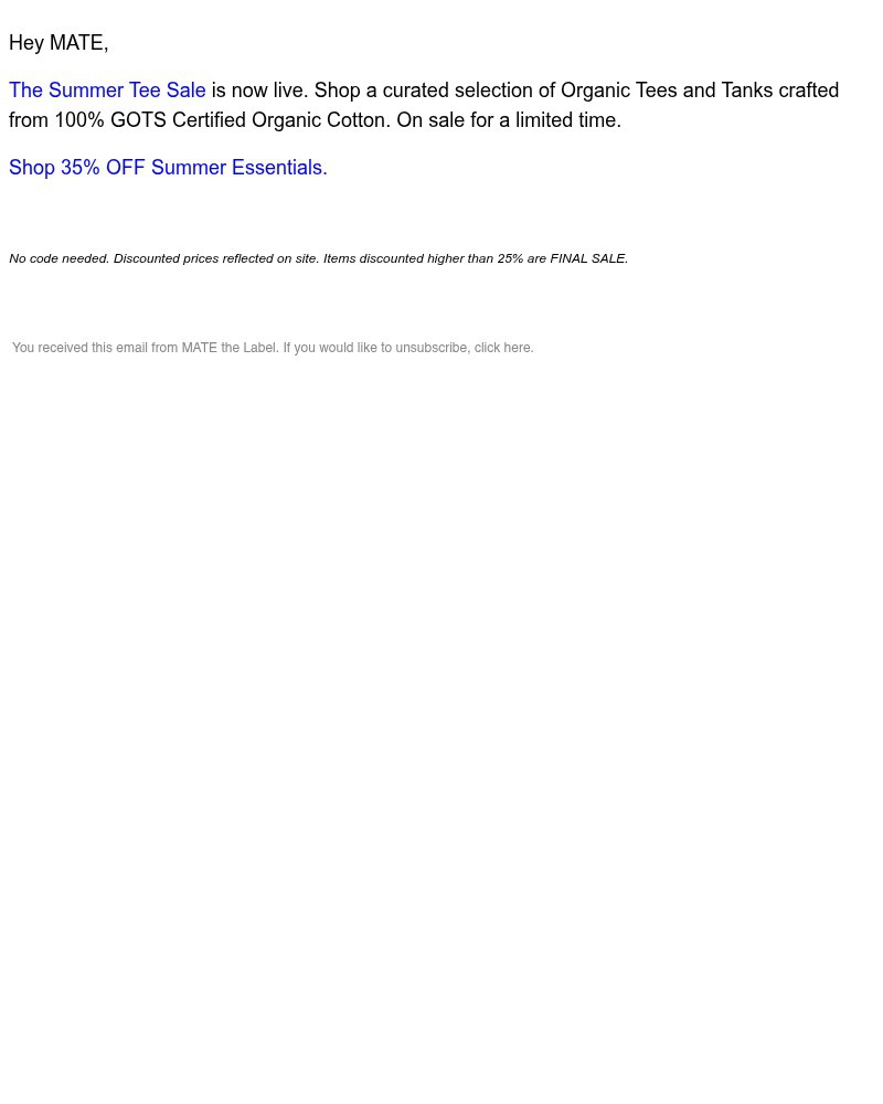Screenshot of email sent to a MATE the Label Newsletter subscriber