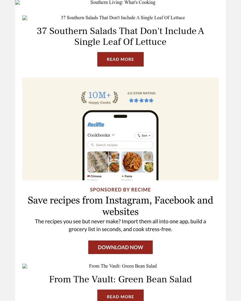 Screenshot of email sent to a Southern Living Newsletter subscriber