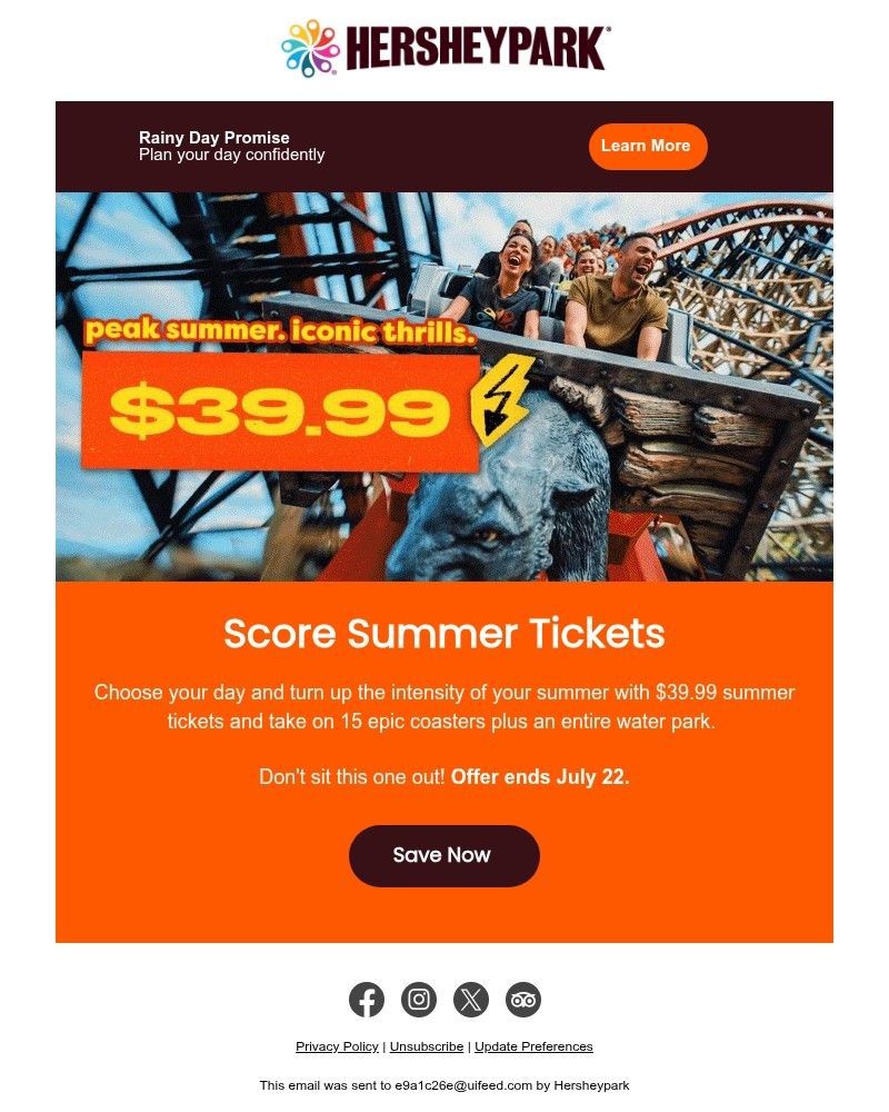 Screenshot of email sent to a Hershey Park Newsletter subscriber