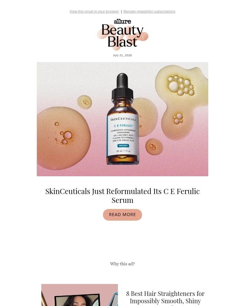 Screenshot of email sent to a allure Newsletter subscriber