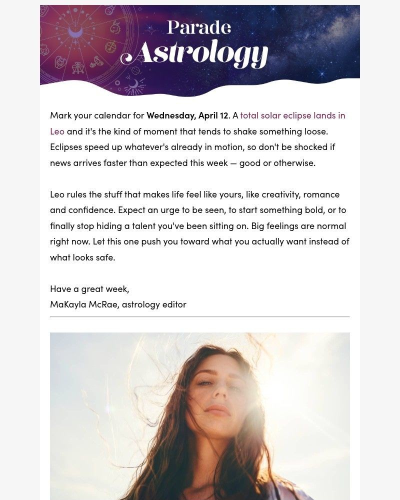 Screenshot of email sent to a Parade Newsletter subscriber