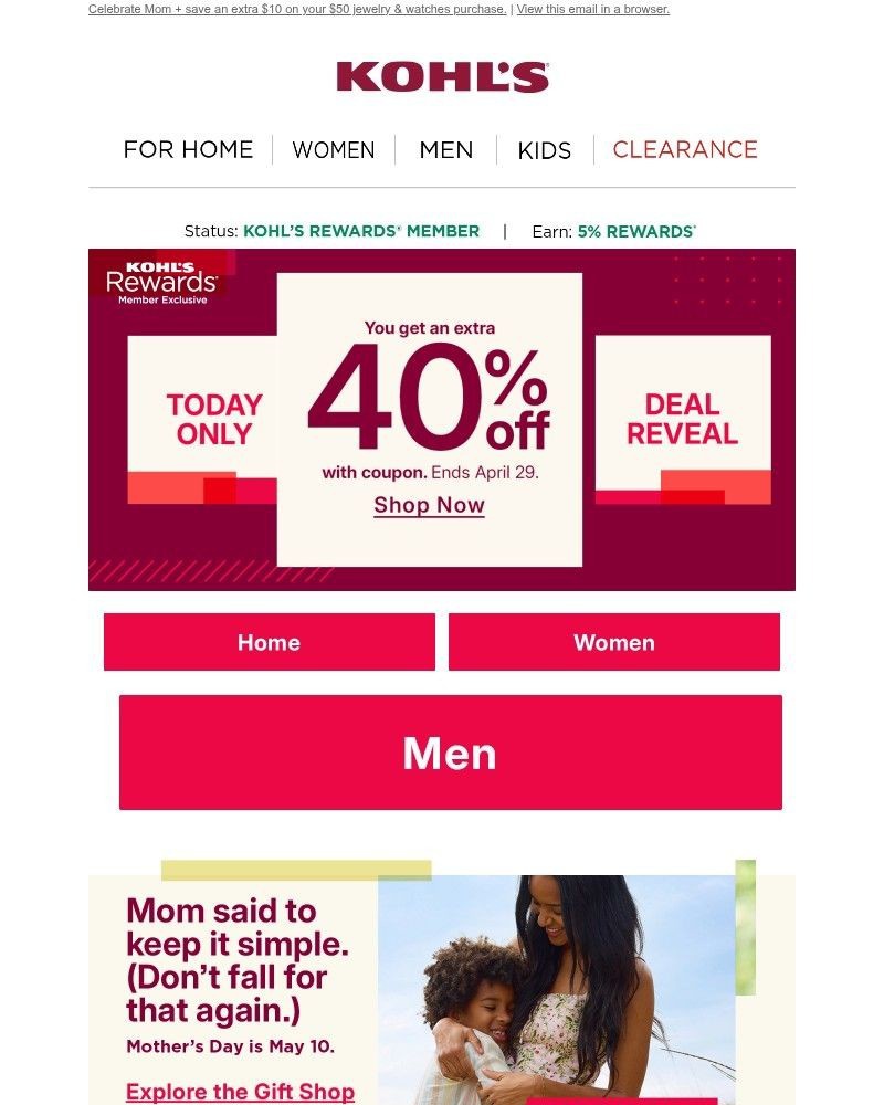 Screenshot of email sent to a Kohls Registered user