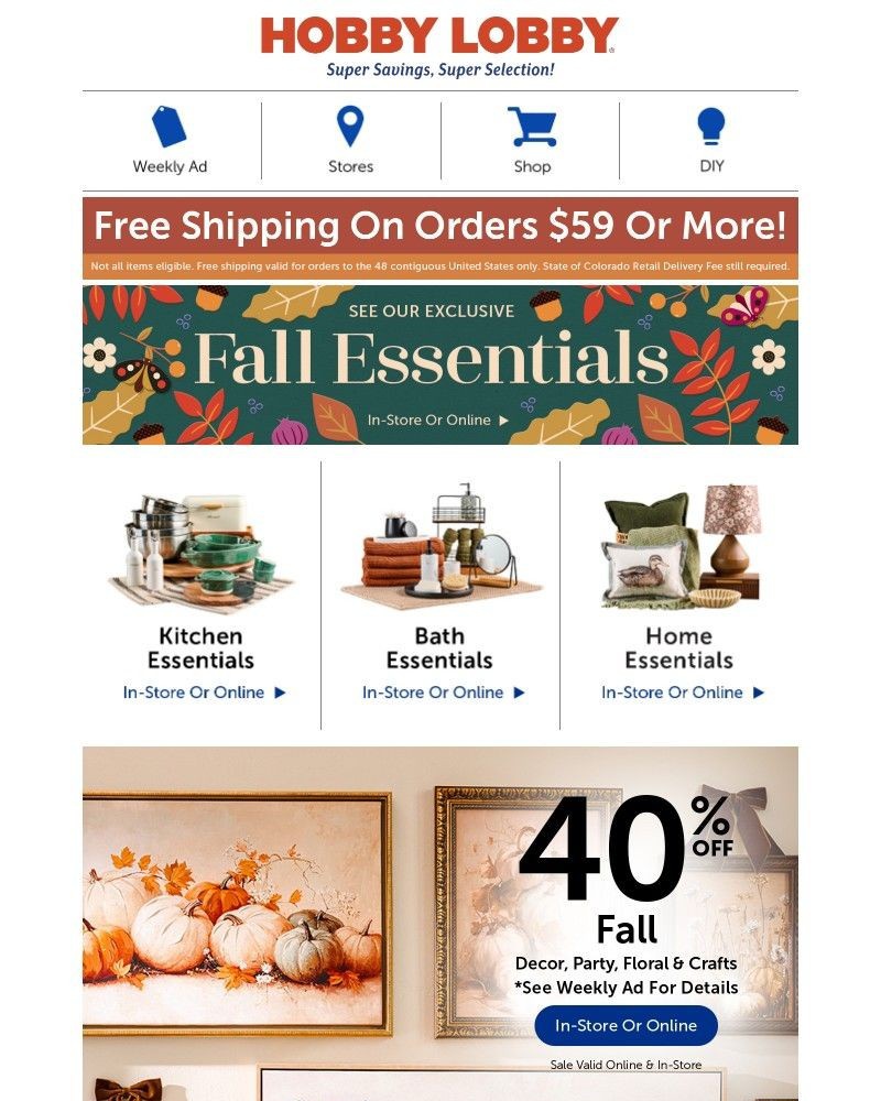 Screenshot of email sent to a Hobby Lobby Newsletter subscriber