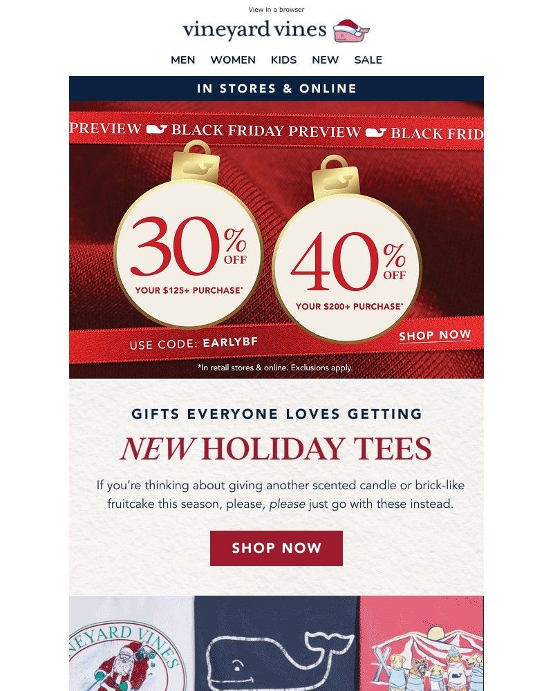 Screenshot of email sent to a Vineyard Vines Newsletter subscriber