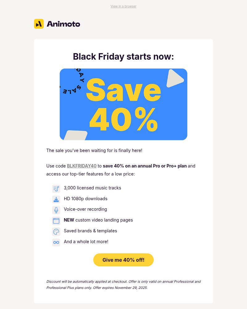 Screenshot of email sent to a Animoto Registered user