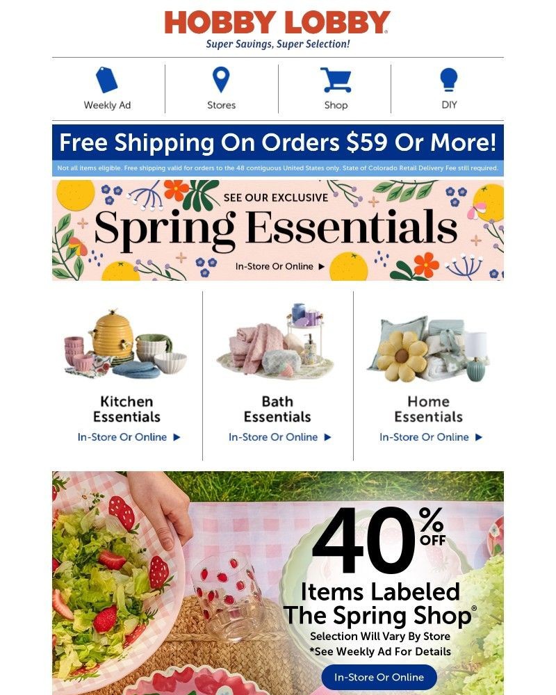Screenshot of email sent to a Hobby Lobby Newsletter subscriber