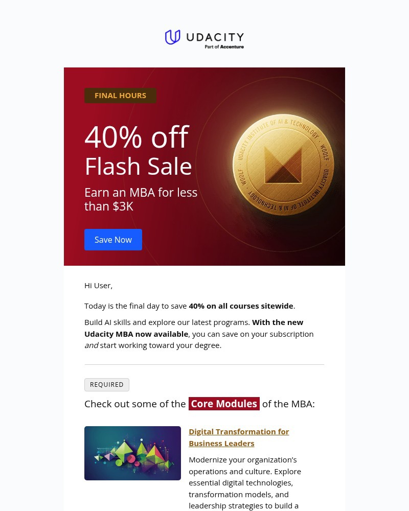 Screenshot of email sent to a Udacity Registered user