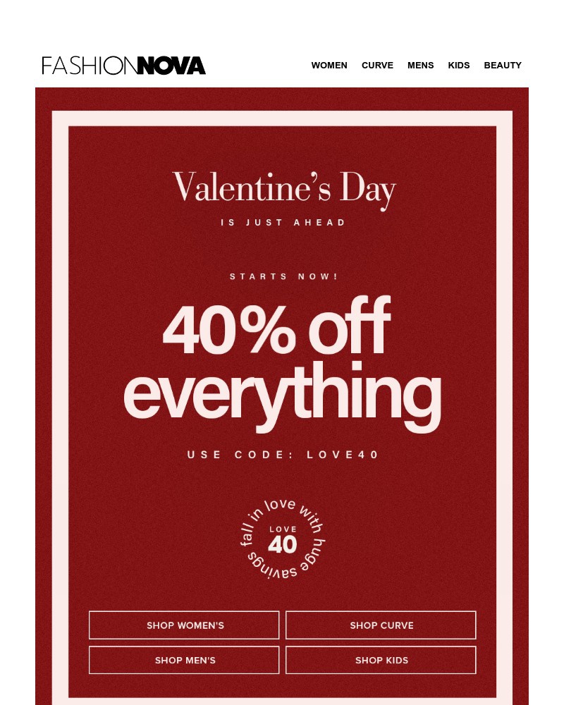 Screenshot of email sent to a Fashion Nova Registered user