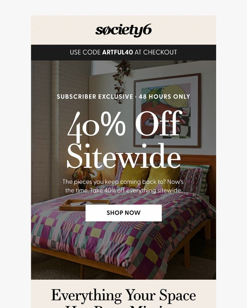 Screenshot of email sent to a Society6 Newsletter subscriber