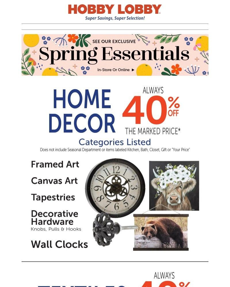 Screenshot of email sent to a Hobby Lobby Newsletter subscriber