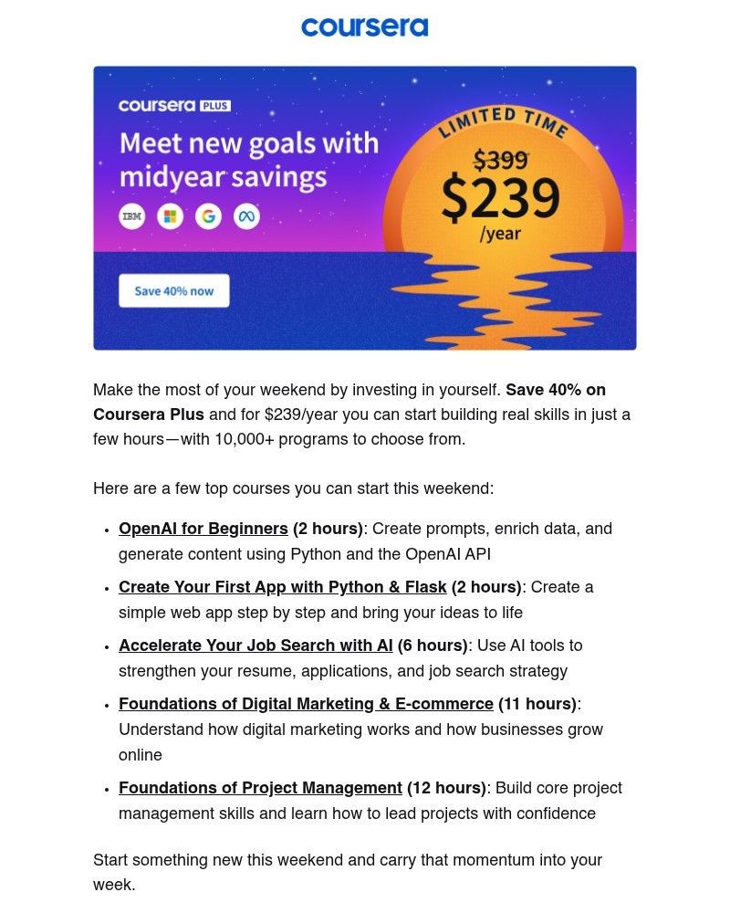 Screenshot of email sent to a Coursera Registered user