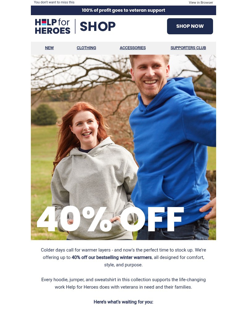 Screenshot of email sent to a Help for Heroes Newsletter subscriber