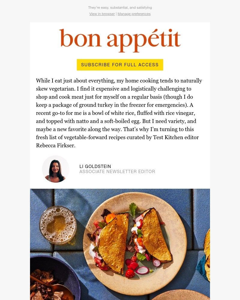 Screenshot of email sent to a Bon Appétit Newsletter subscriber