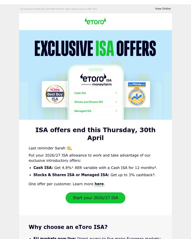 Screenshot of email sent to a eToro Registered user