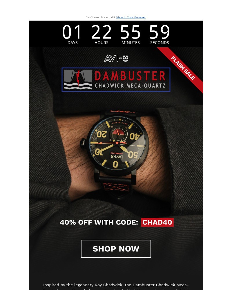 Screenshot of email with subject /media/emails/48-hour-flash-sale-dambuster-chadwick-meca-quartz-e26348-cropped-bf31521b.jpg