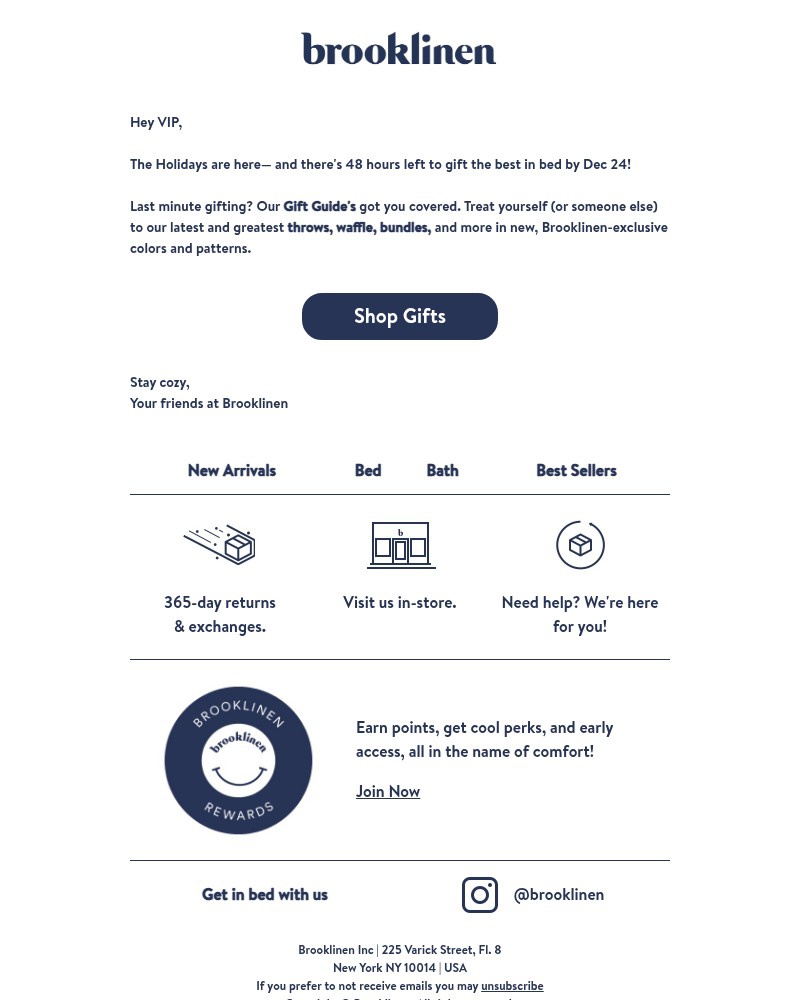 Screenshot of email sent to a Brooklinen Newsletter subscriber