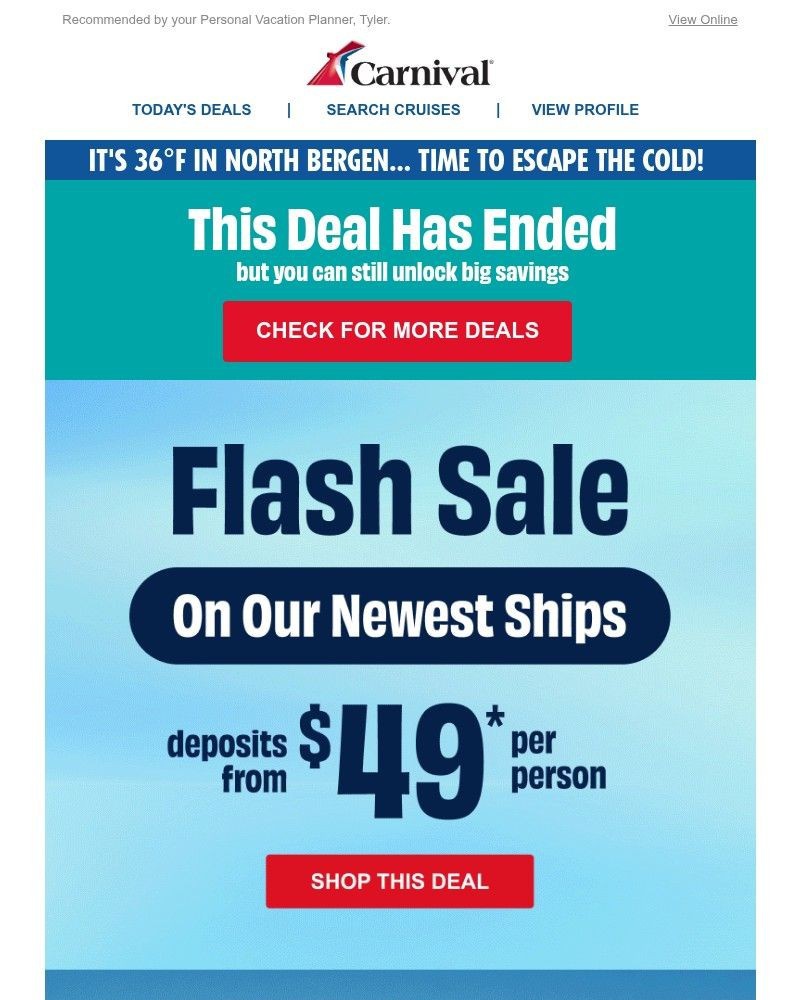 Screenshot of email sent to a Carnival Cruise Line Registered user