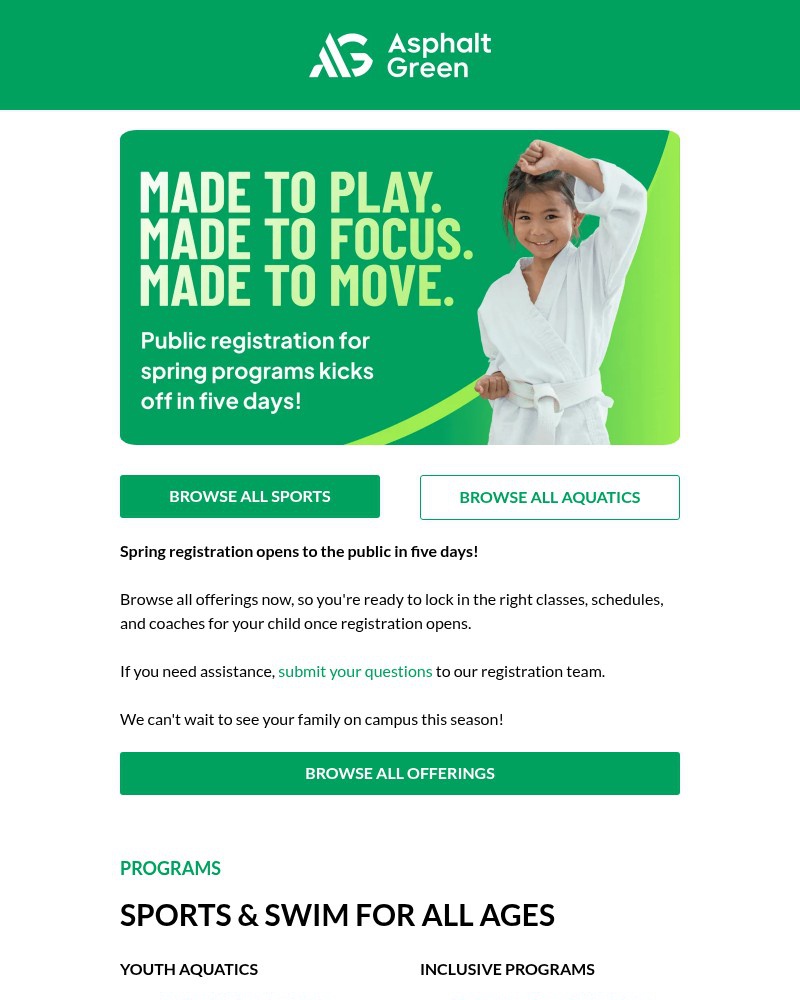 Screenshot of email sent to a Asphalt Green Newsletter subscriber