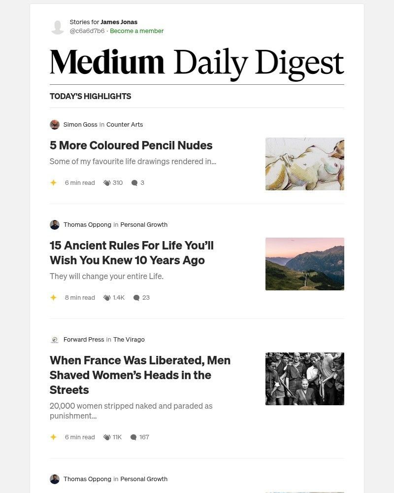 Screenshot of email sent to a Medium Registered user