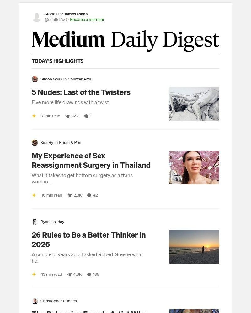 Screenshot of email sent to a Medium Registered user