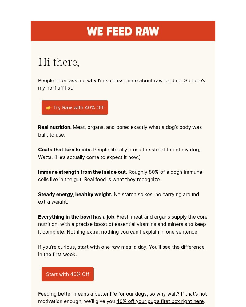 Screenshot of email sent to a We Feed Raw Newsletter subscriber