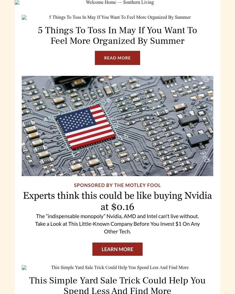 Screenshot of email sent to a Southern Living Newsletter subscriber
