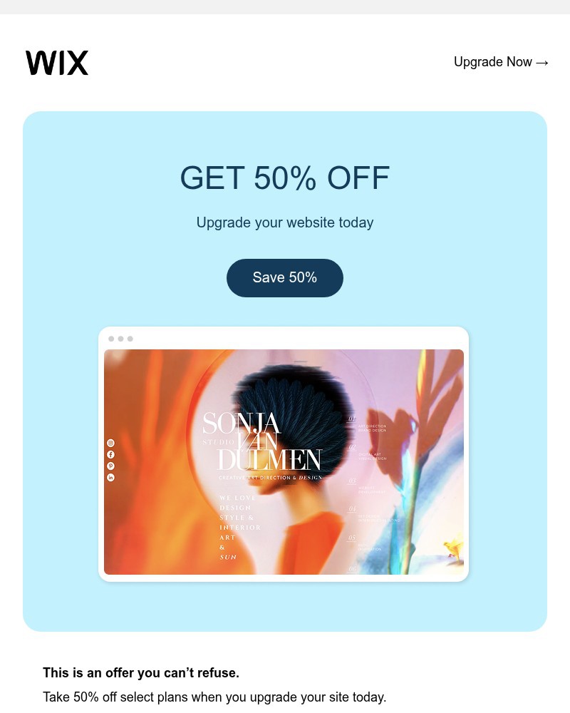 Screenshot of email sent to a Wix Registered user