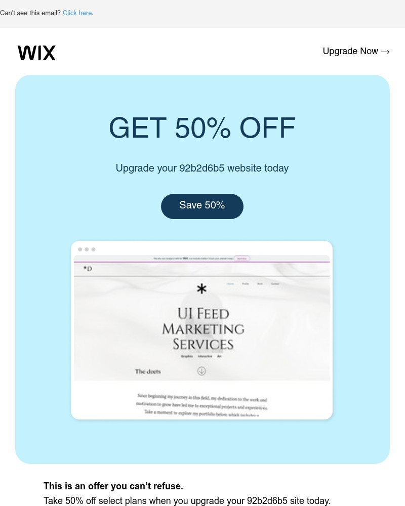 Screenshot of email sent to a Wix Registered user