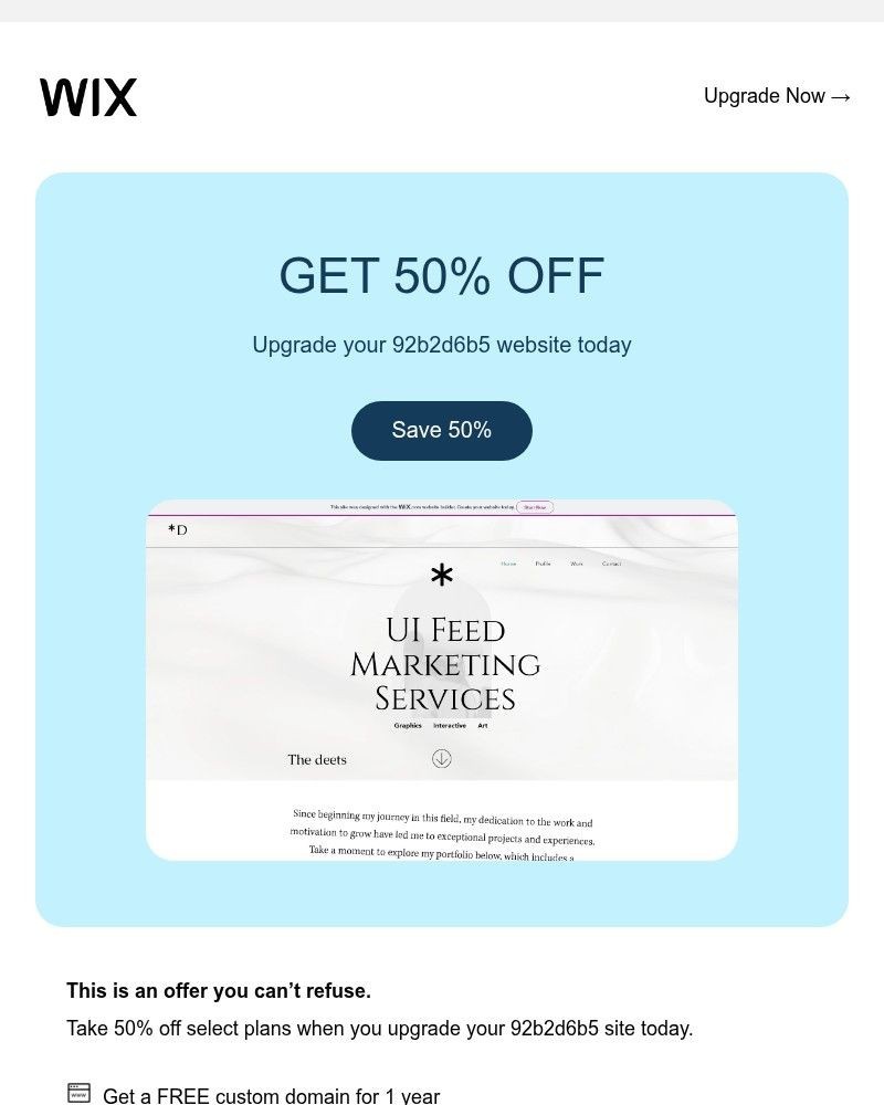 Screenshot of email sent to a Wix Registered user