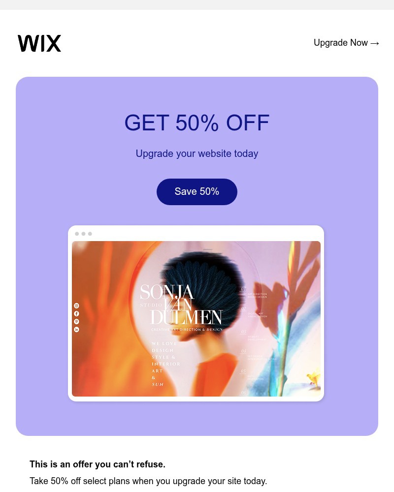 Screenshot of email sent to a Wix Registered user