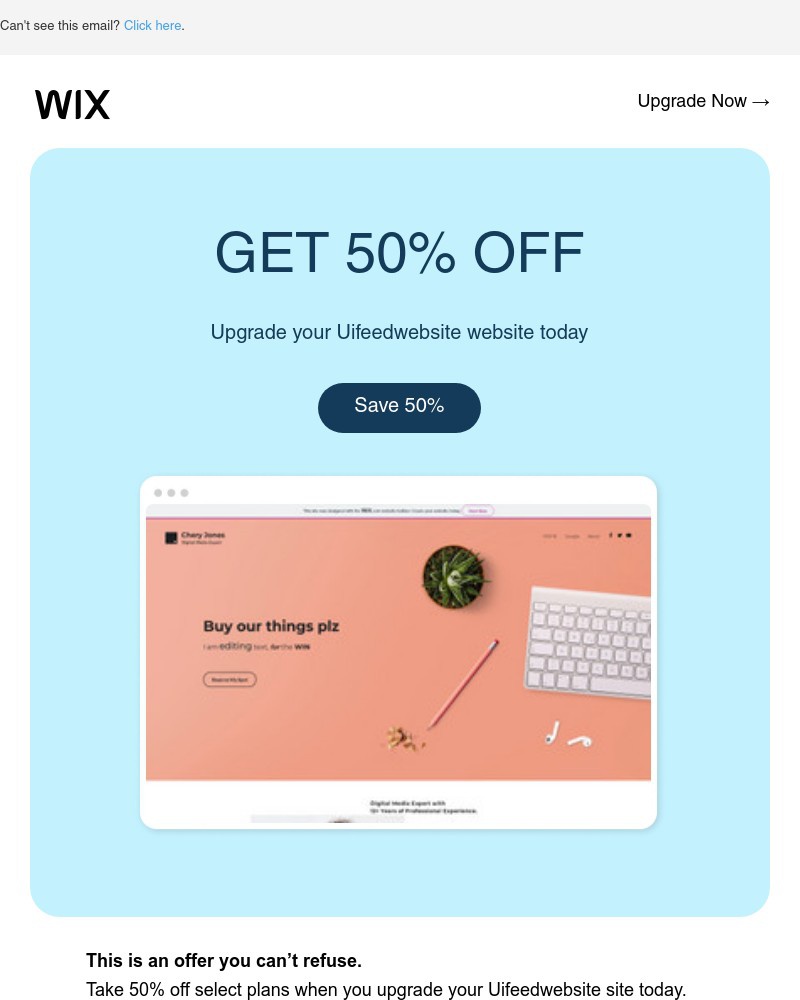 Screenshot of email sent to a Wix Registered user