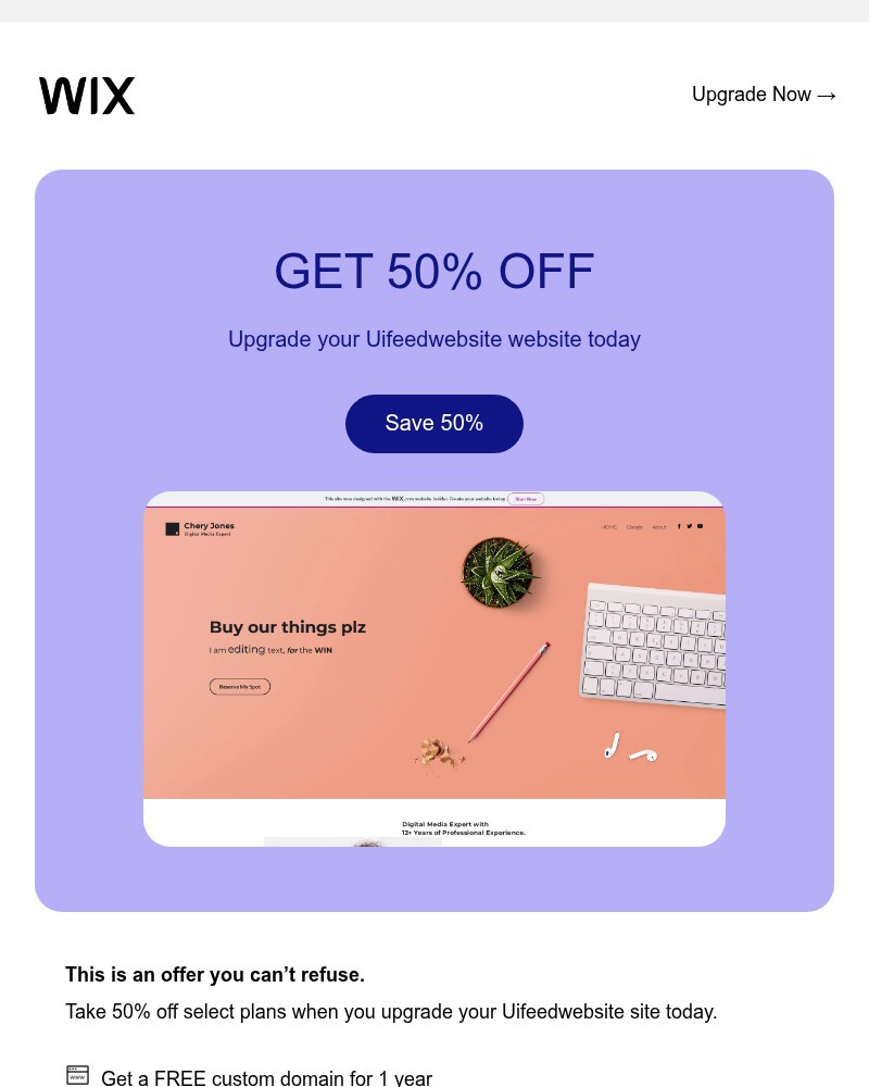 Screenshot of email sent to a Wix Registered user