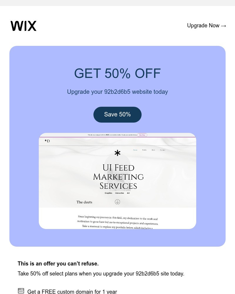 Screenshot of email sent to a Wix Registered user