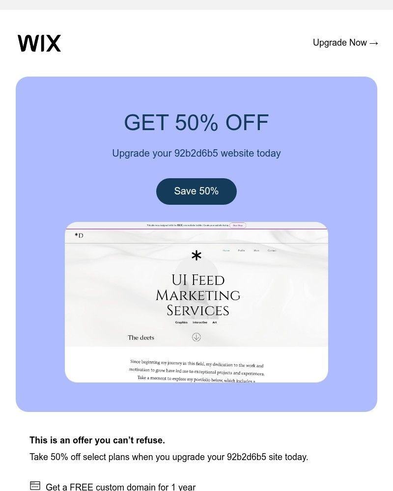 Screenshot of email sent to a Wix Registered user