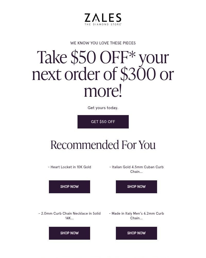 Screenshot of email sent to a Zales Newsletter subscriber