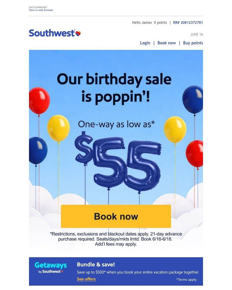 Screenshot of email sent to a Southwest Registered user