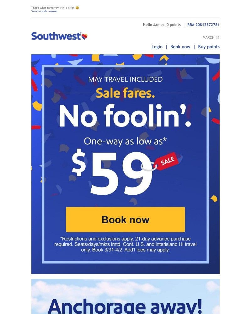 Screenshot of email sent to a Southwest Registered user