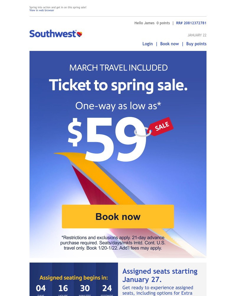 Screenshot of email sent to a Southwest Registered user