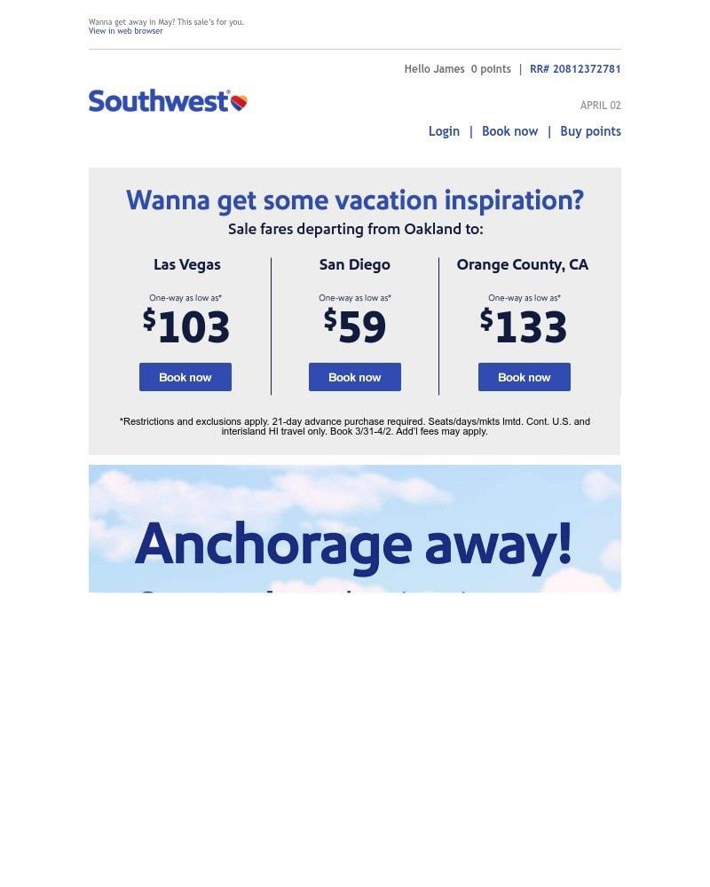 Screenshot of email sent to a Southwest Registered user