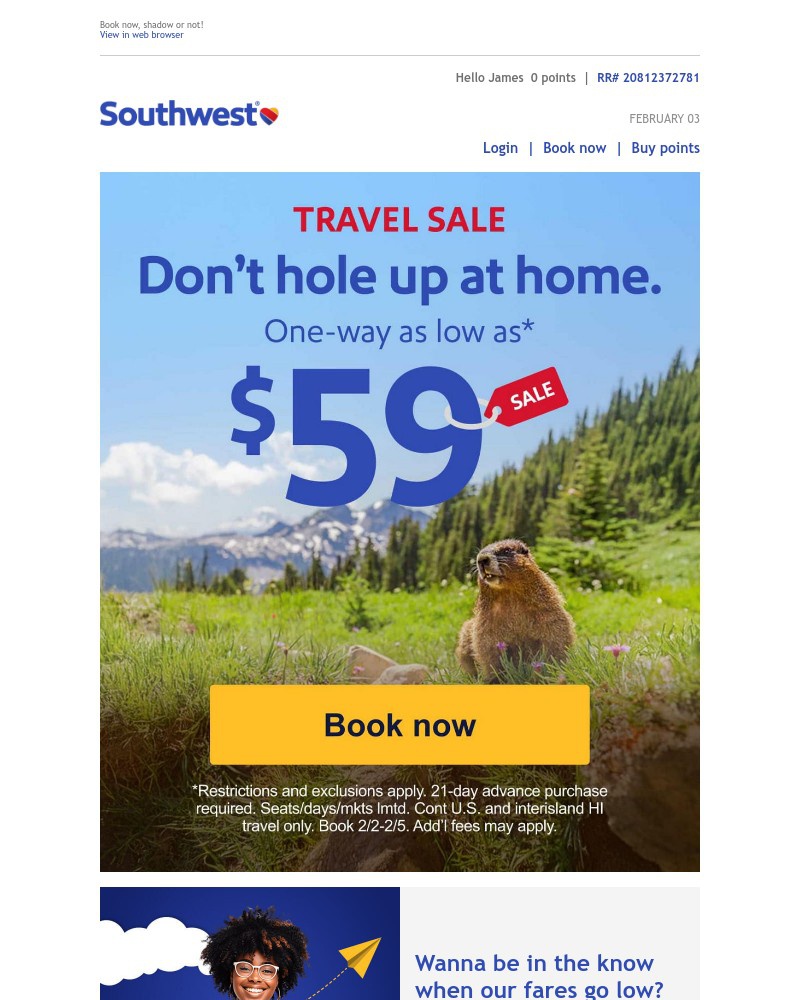 Screenshot of email sent to a Southwest Registered user